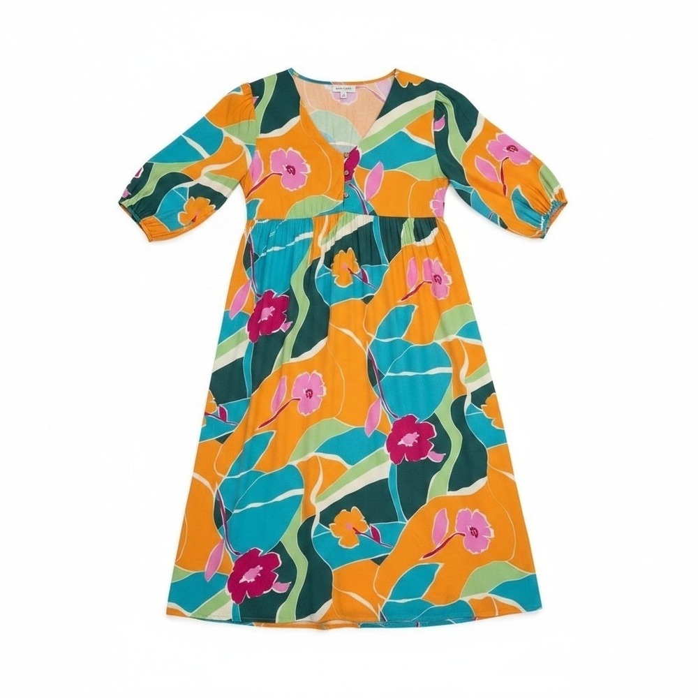 Easel Floral Midi Dress Empire Waist Abstract Multi Boho Retro Festival 1X
